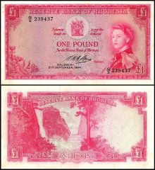 美品　南ローデシア　1964年　エリザベス女王　1ポンド　P-25a Rhodesia 1 Pound Banknote, 1964, P-25, Used, TAP Authenticated